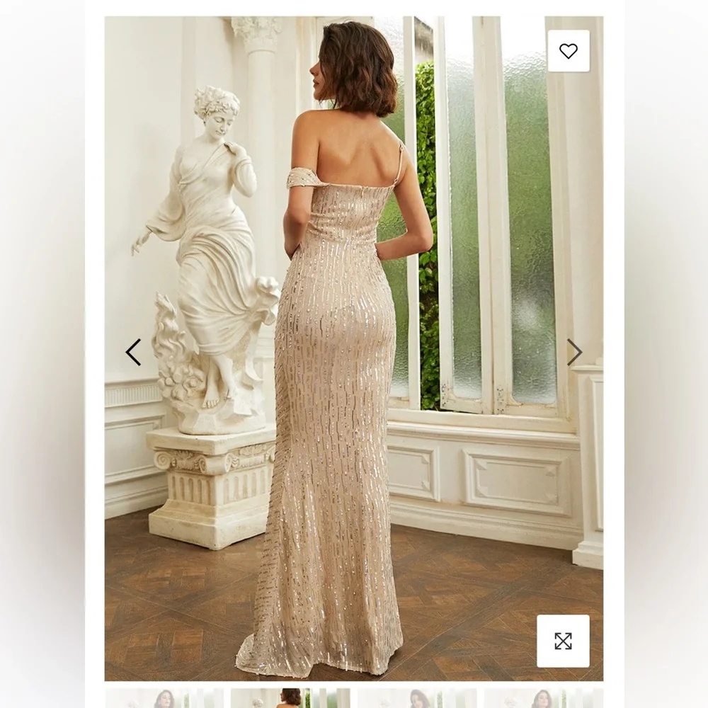 Off the shoulder sequin slip golden evening dress - Picture 9 of 9